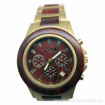 Multi-function Watch in Japanese Multi-function Movement and 5 ATM Waterproof, SS & Red Sandalwood
